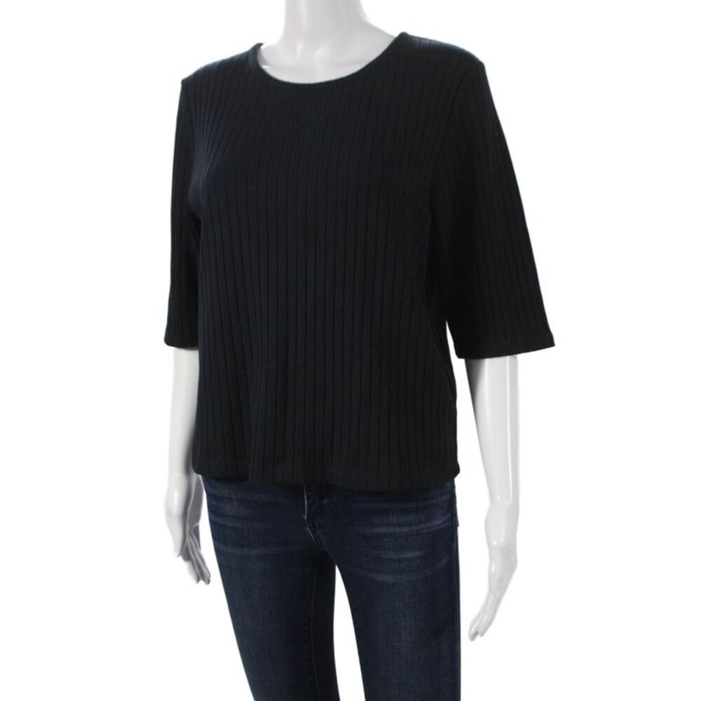 Vince Women Basic Black Striped T-Shirt 3/4 Sleeve Cotton Blend Size XL - Picture 2 of 7